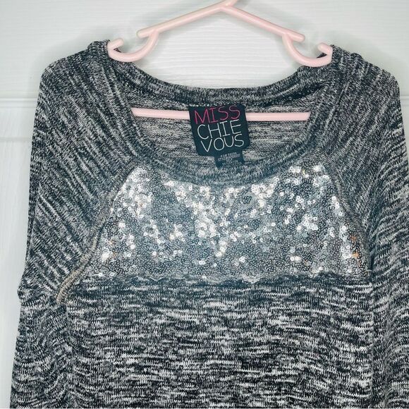 Miss Chievous Gray Knit Long Sleeve Tunic Tee Silver Sequins Marled Gray Girls M - Picture 3 of 9